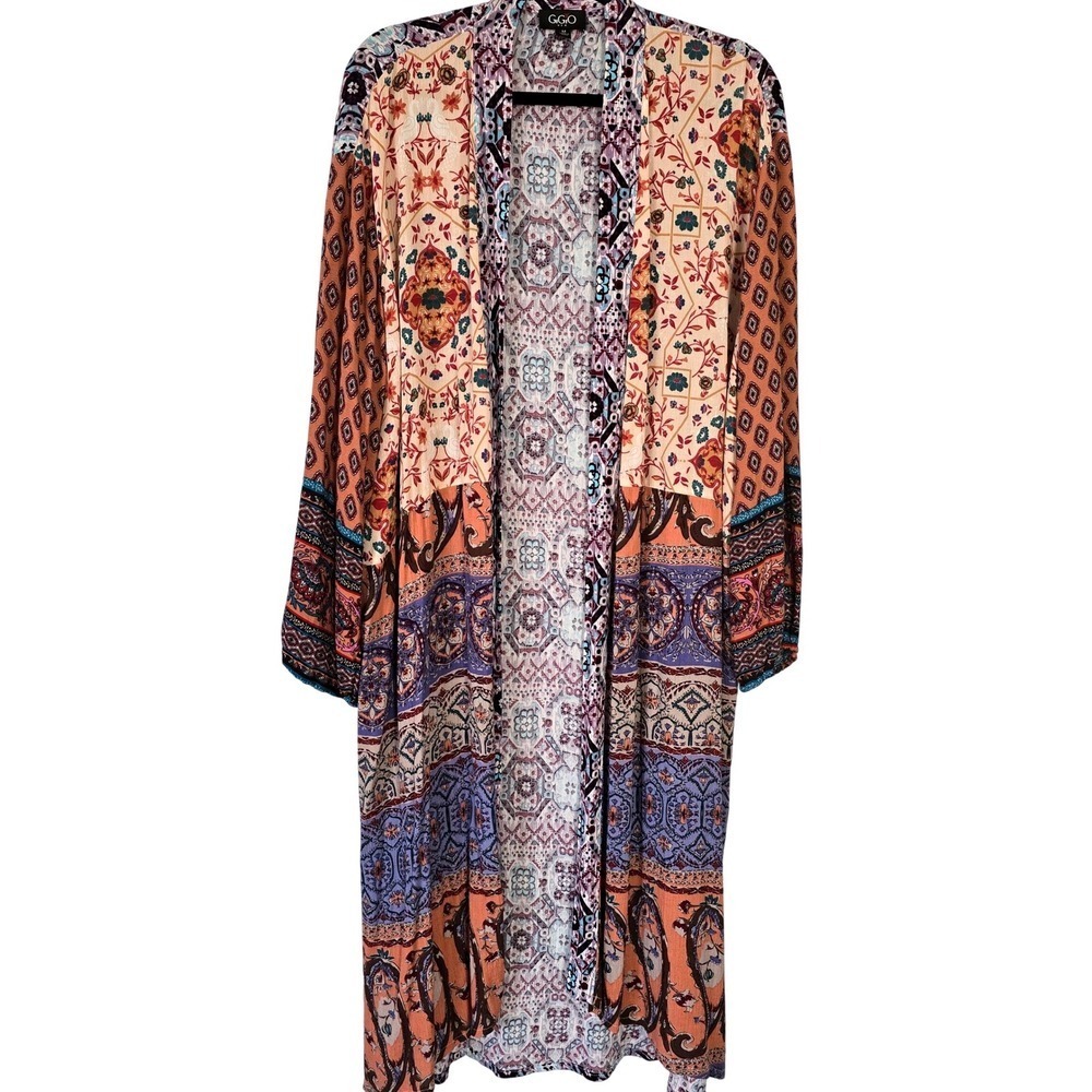 GiGio USA Womens M Mixed Print Patchwork Duster Cardigan Boho Open Front Multi